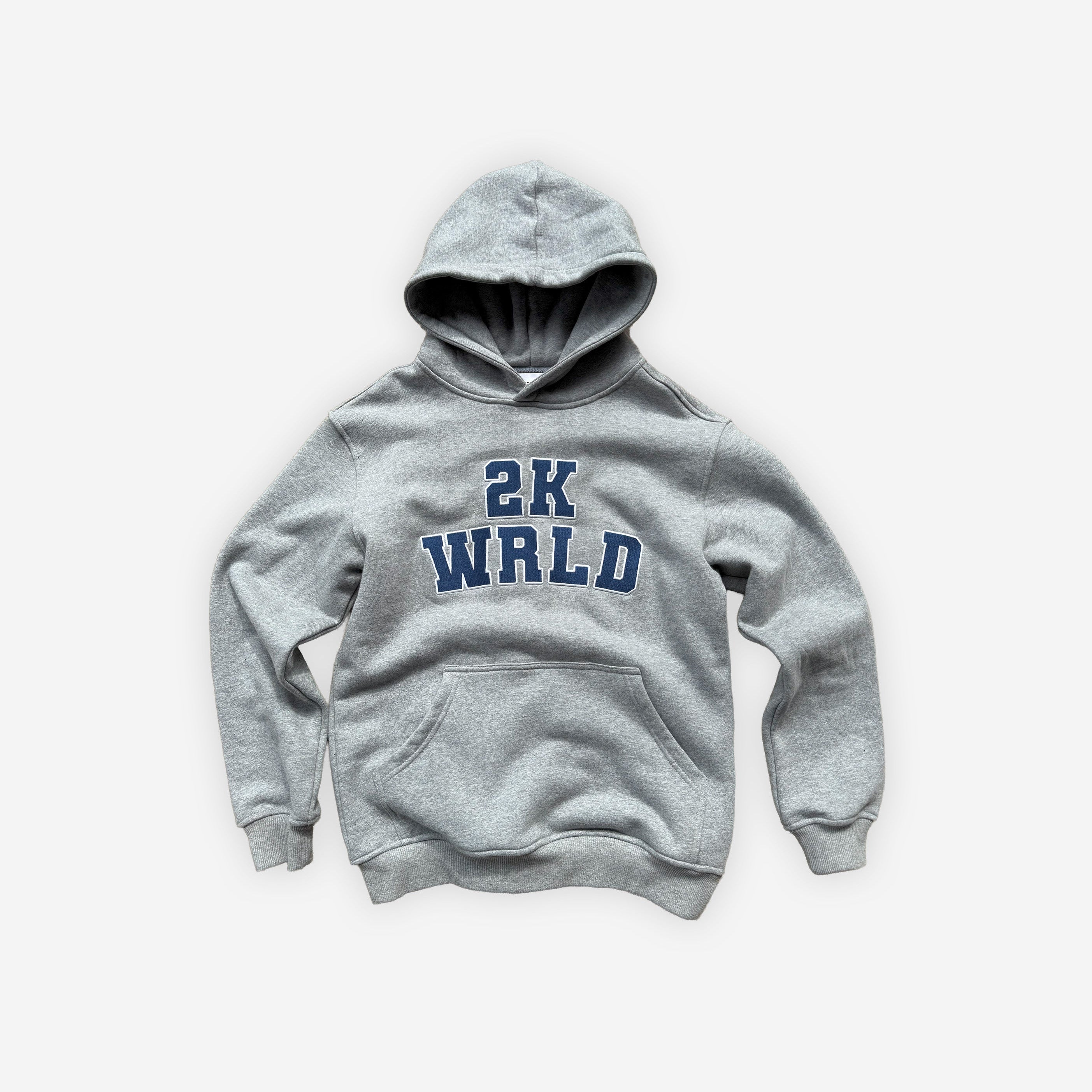 XS-sized 2KWRLD College Hoodie featuring a front logo design, made from soft fabric for comfortable casual wear.
