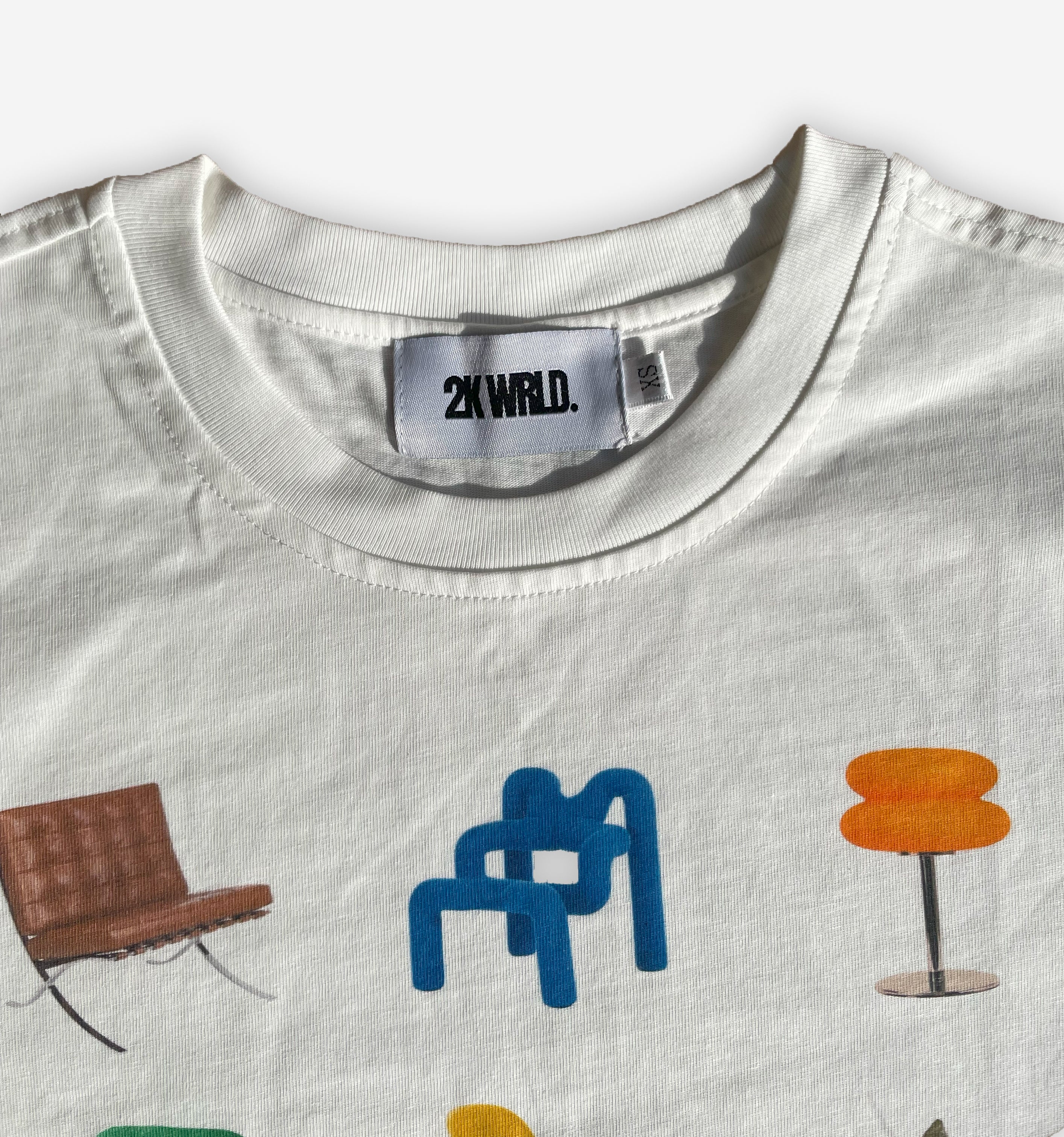 Light blue abstract furniture design on 2KWRLD's 220 GSM T-shirt, featuring modern geometric shapes and stylish print.