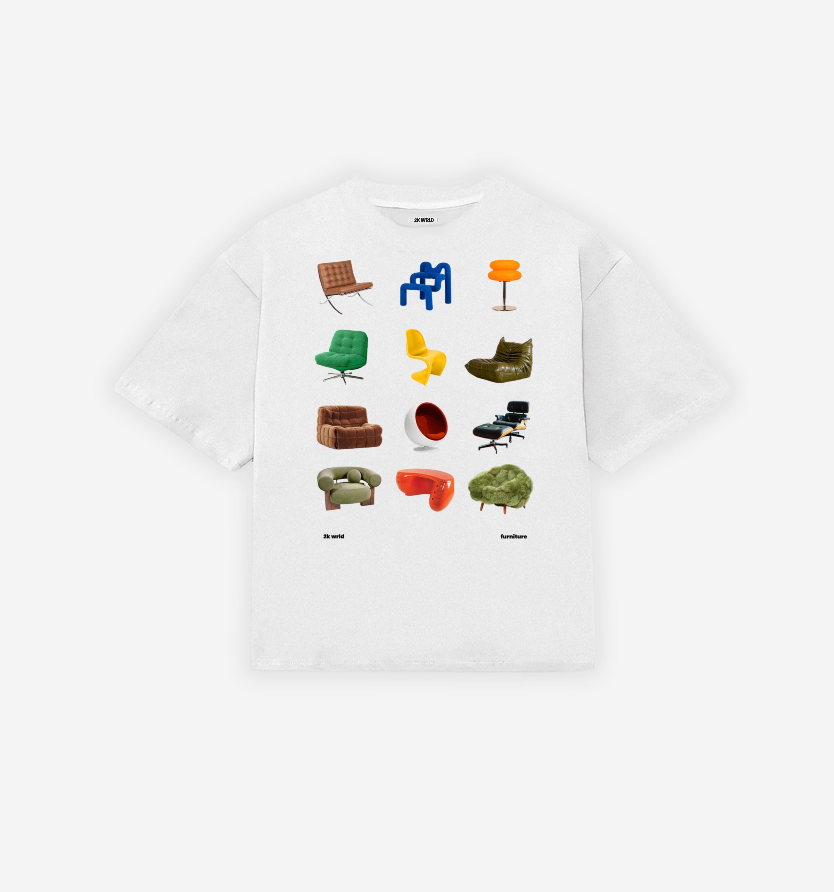 XS Abstract Furniture T-Shirt by 2KWRLD featuring a modern, artistic furniture print on soft 220 GSM fabric.