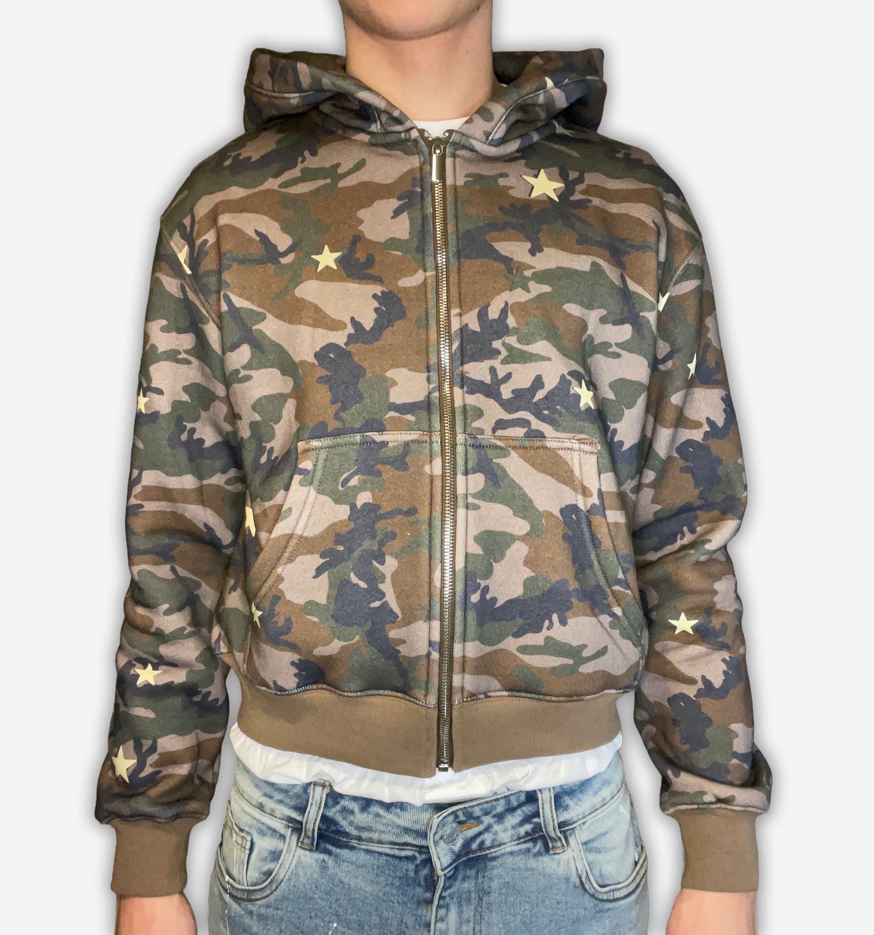 Light gray camo star hoodie from 2KWRLD featuring a front pocket, drawstrings, and a bold star graphic on the chest.