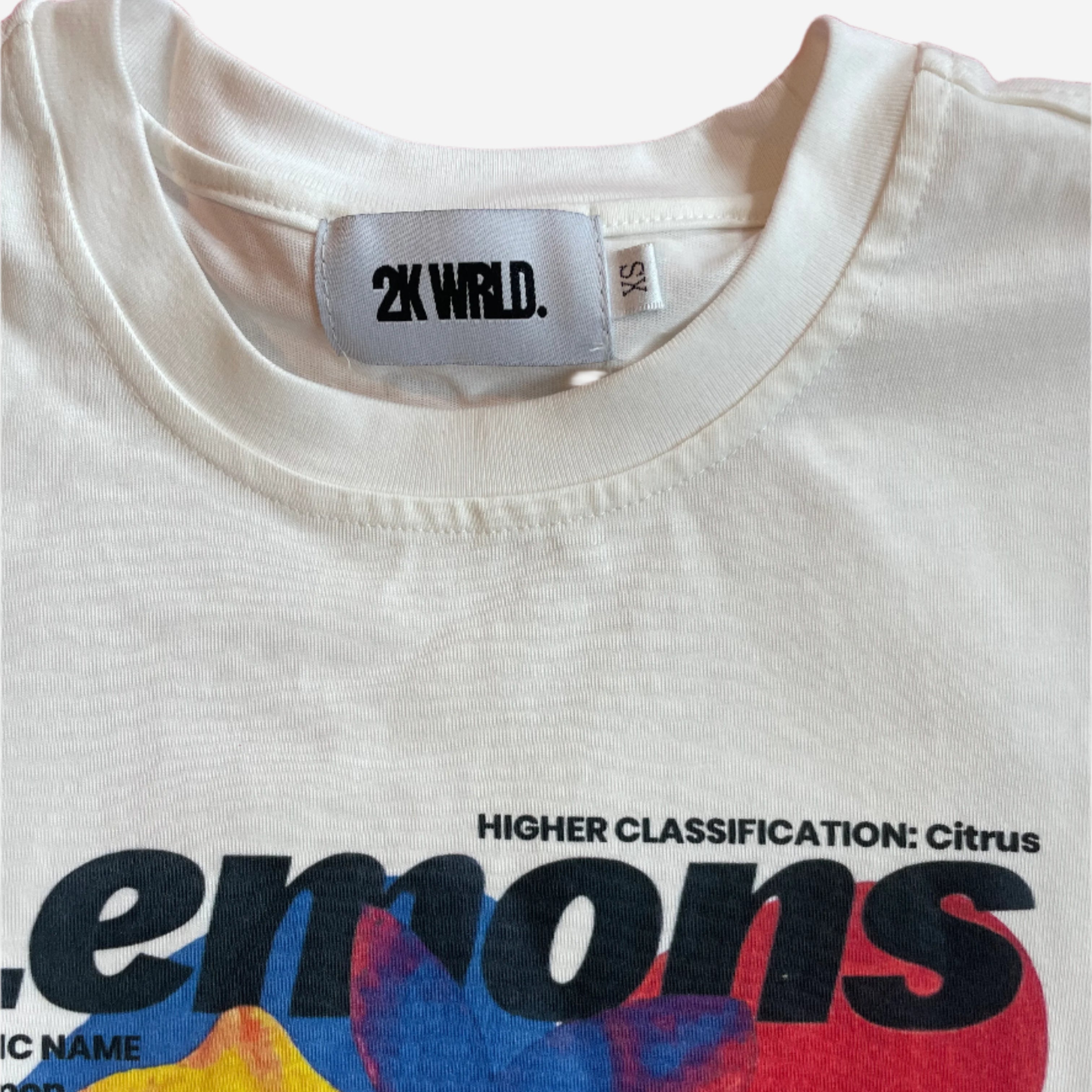 Light gray Lemons T-Shirt by 2KWRLD featuring lemon print design on soft 220 GSM fabric, shown in size XS.