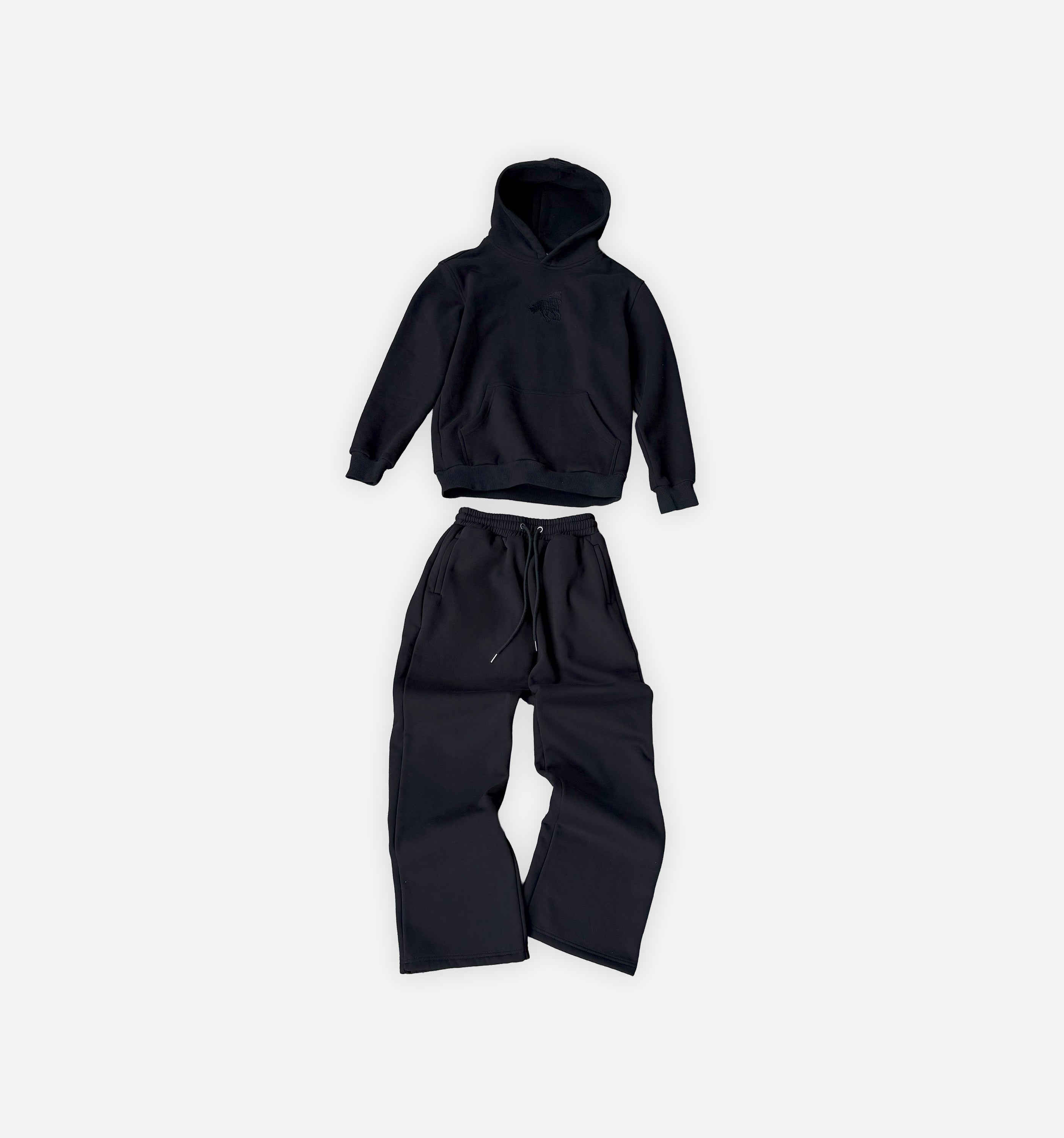 Black hoodie and pants set on a white background