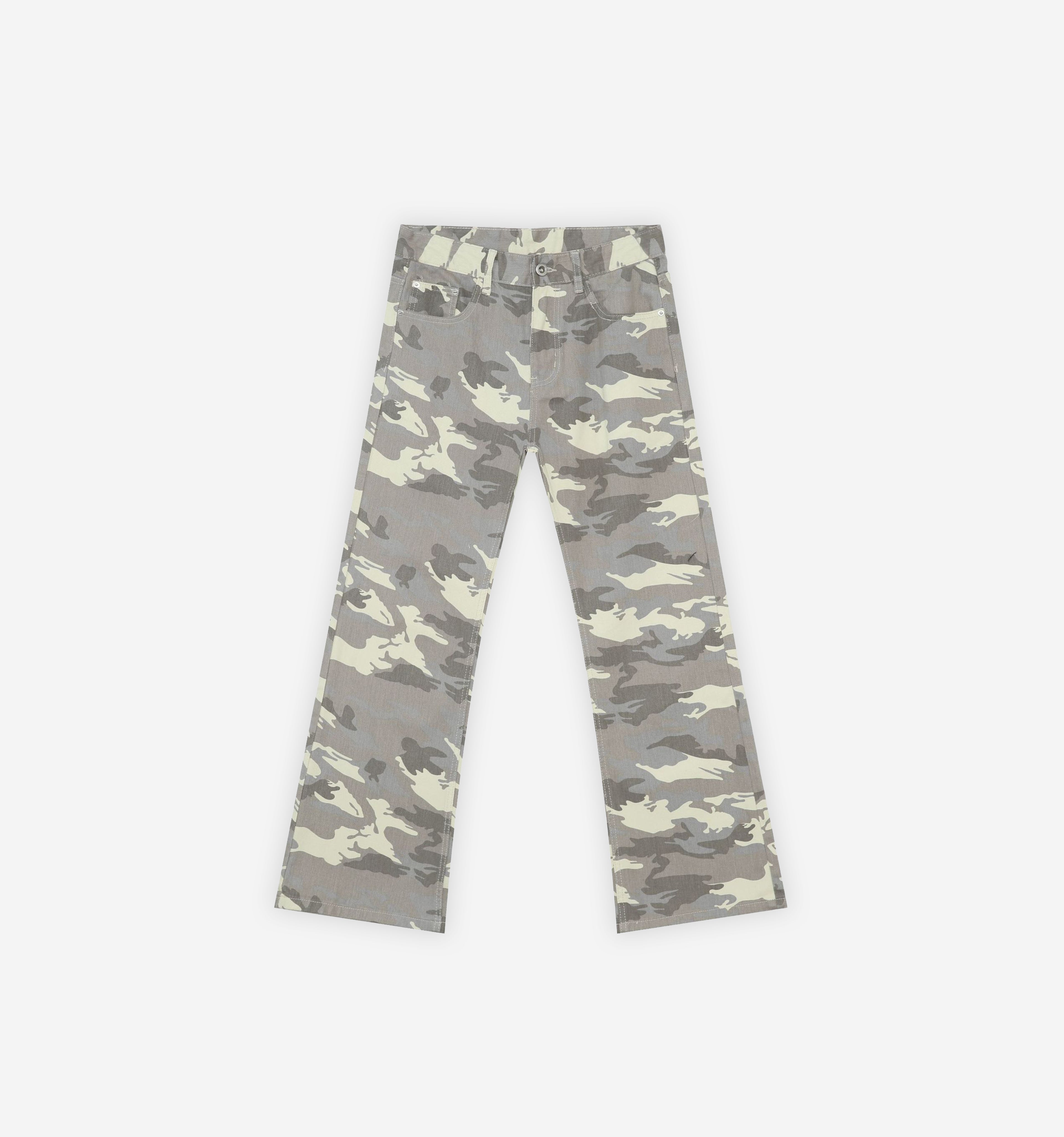 Light blue Sahel Camo Denim jacket by 2KWRLD featuring camouflage pattern and classic denim style.