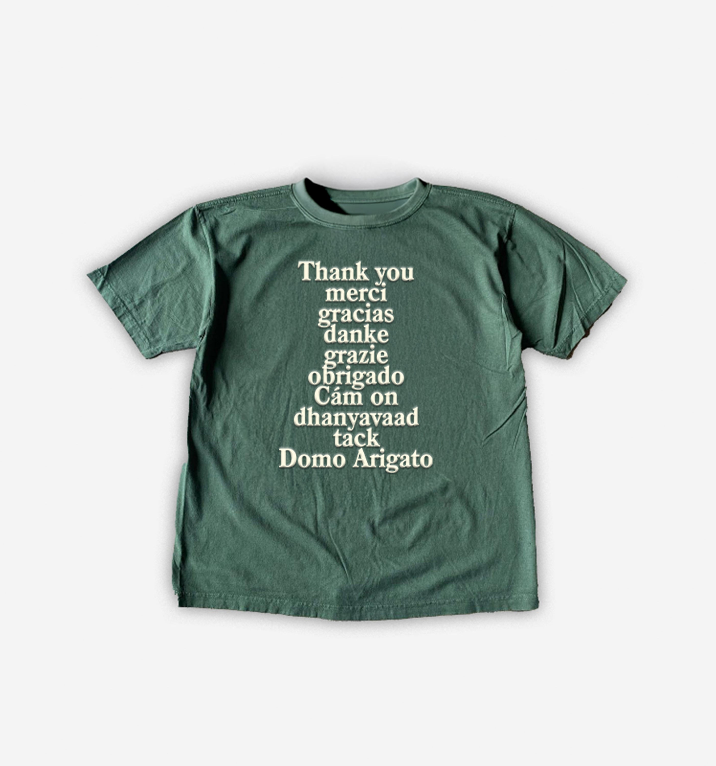 Light gray 2KWRLD Thank You T-Shirt in XS size, made of 220 GSM fabric, featuring a simple thank you graphic on the front.