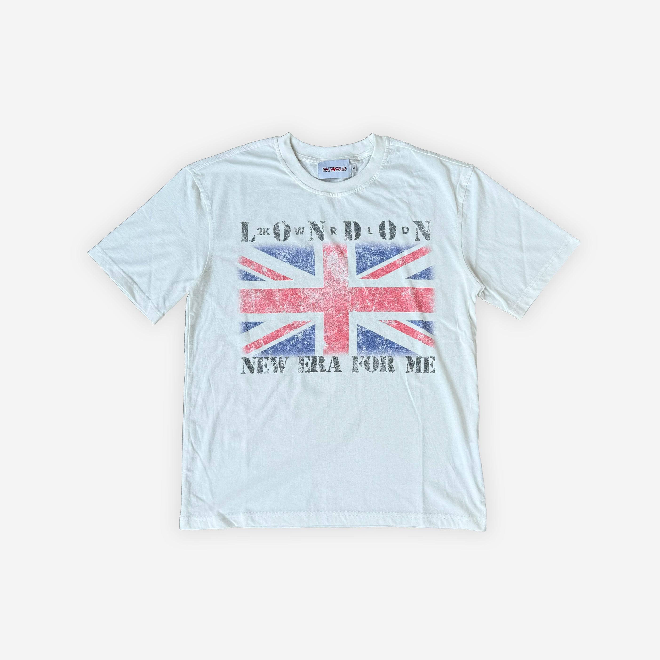 White Union Jack T-shirt by 2KWRLD, featuring a classic British flag design on a casual, short-sleeve cotton tee.