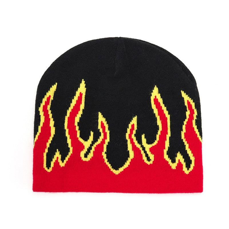 Black Fire Beanie by 2KWRLD featuring a flame design, knit fabric, and snug fit for warmth and style.
