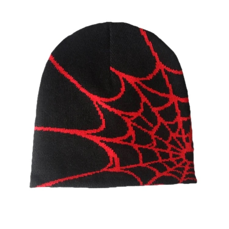 Black Spiderweb Beanie by 2KWRLD featuring a knitted design with spiderweb pattern, perfect for casual winter wear.