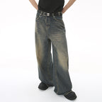 Loose Metro Mist Denim pants by 2KWRLD in light blue denim, displayed flat showing front view with relaxed fit.