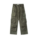 Olive drab cargo pants from 2KWRLD displaying multiple pockets and relaxed fit, made from durable fabric.