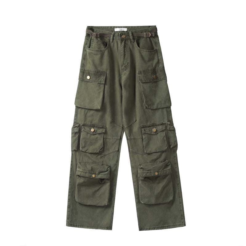 Olive drab cargo pants from 2KWRLD displaying multiple pockets and relaxed fit, made from durable fabric.